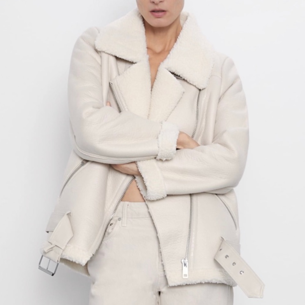 Zara White Biker Jacket With Shearling